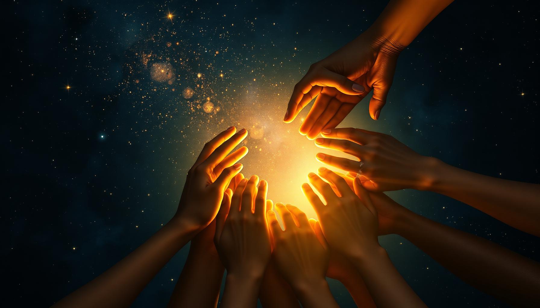 Many hands of different skin tones joined in a luminous circle radiating gold light into cosmic space