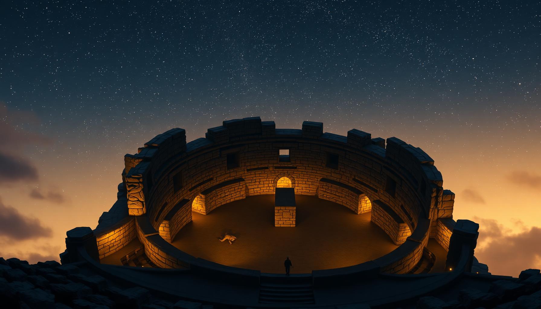 An ancient circular amphitheater illuminated at twilight under a starlit sky