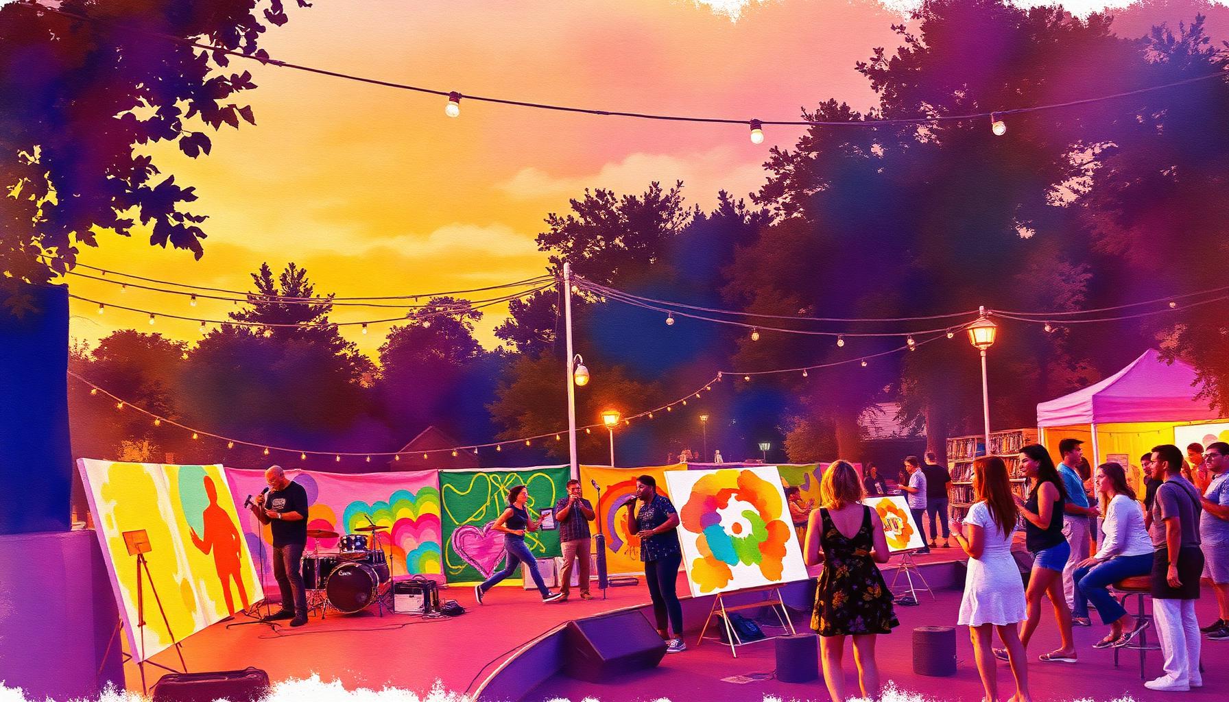 Painterly outdoor community arts festival at dusk with string lights, musicians, painters, and dancers.
