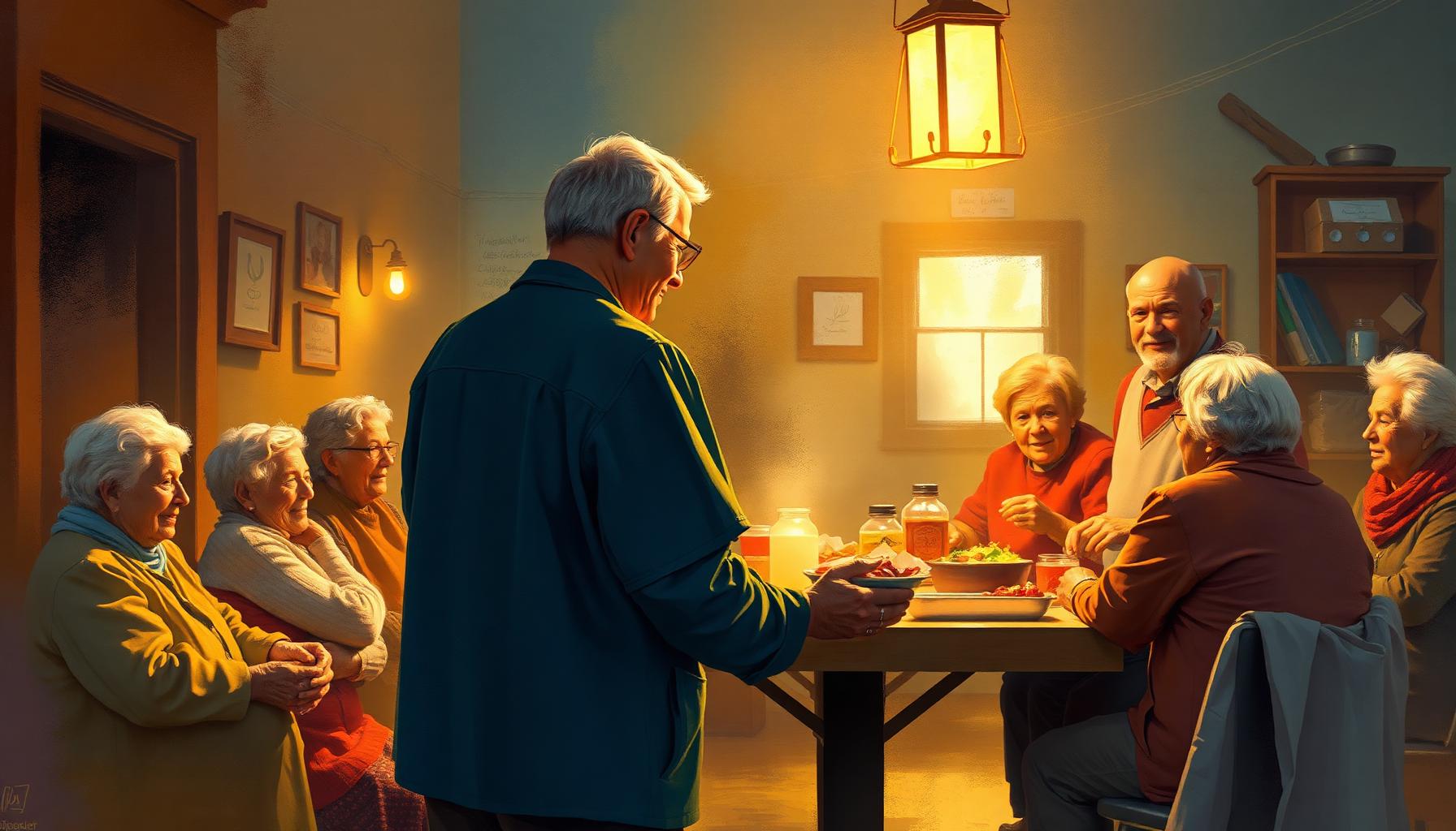 Painterly warm community hall with elders, families, and volunteers sharing a meal by lantern light.