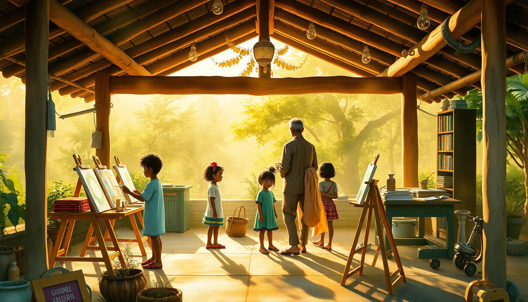 Painterly open-air learning pavilion with children and elders, easels, workshop tools, and dawn light.