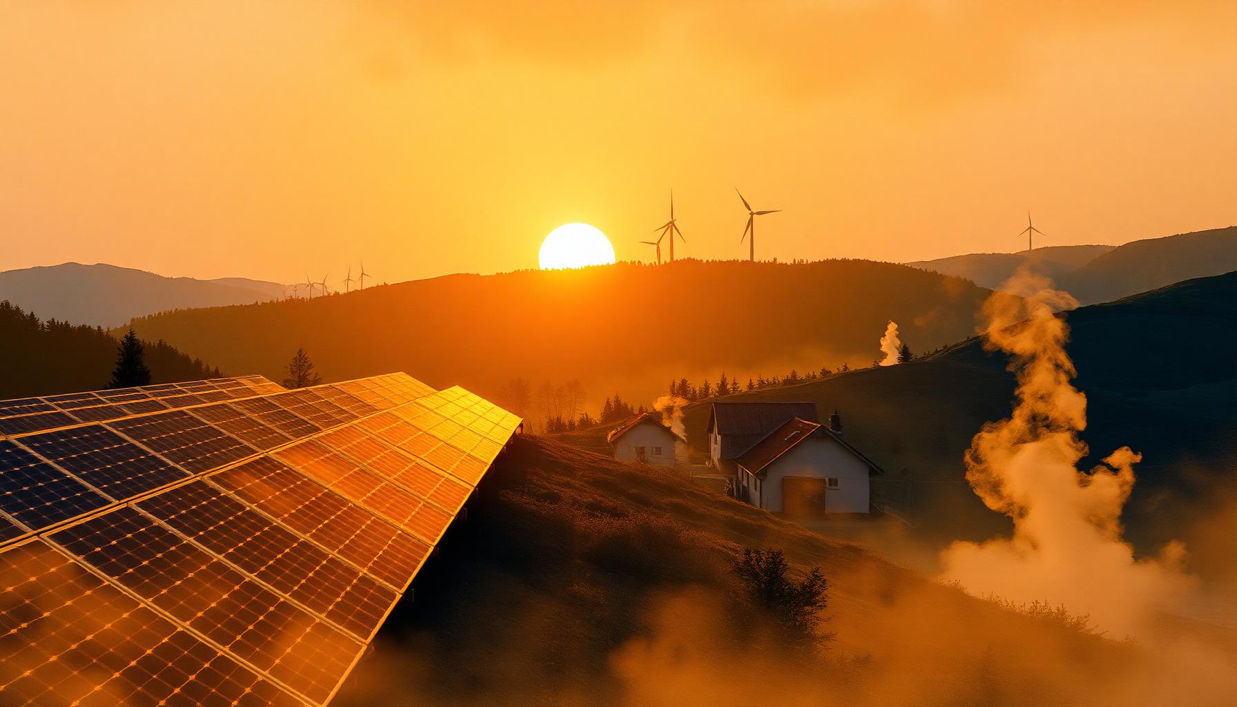 Painterly hillside at sunrise with solar arrays, wind turbines on the ridge, and geothermal steam rising from a community.