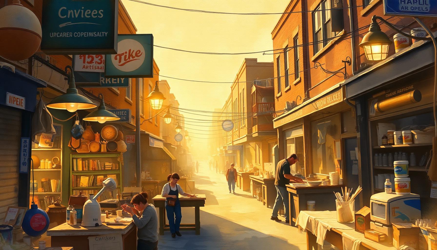 Painterly thriving main street of local artisan shops and cooperatives at golden hour.