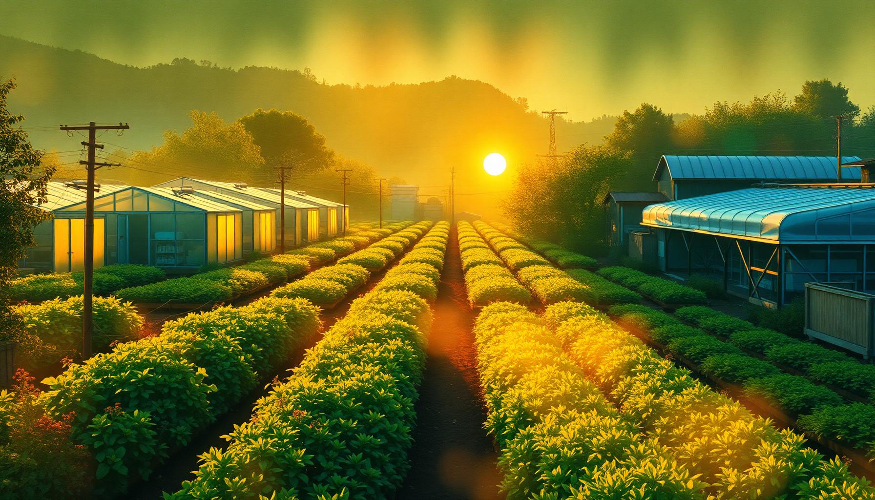 Painterly view of regenerative farm at golden hour with greenhouses, rooftop gardens, and abundant rows of crops.