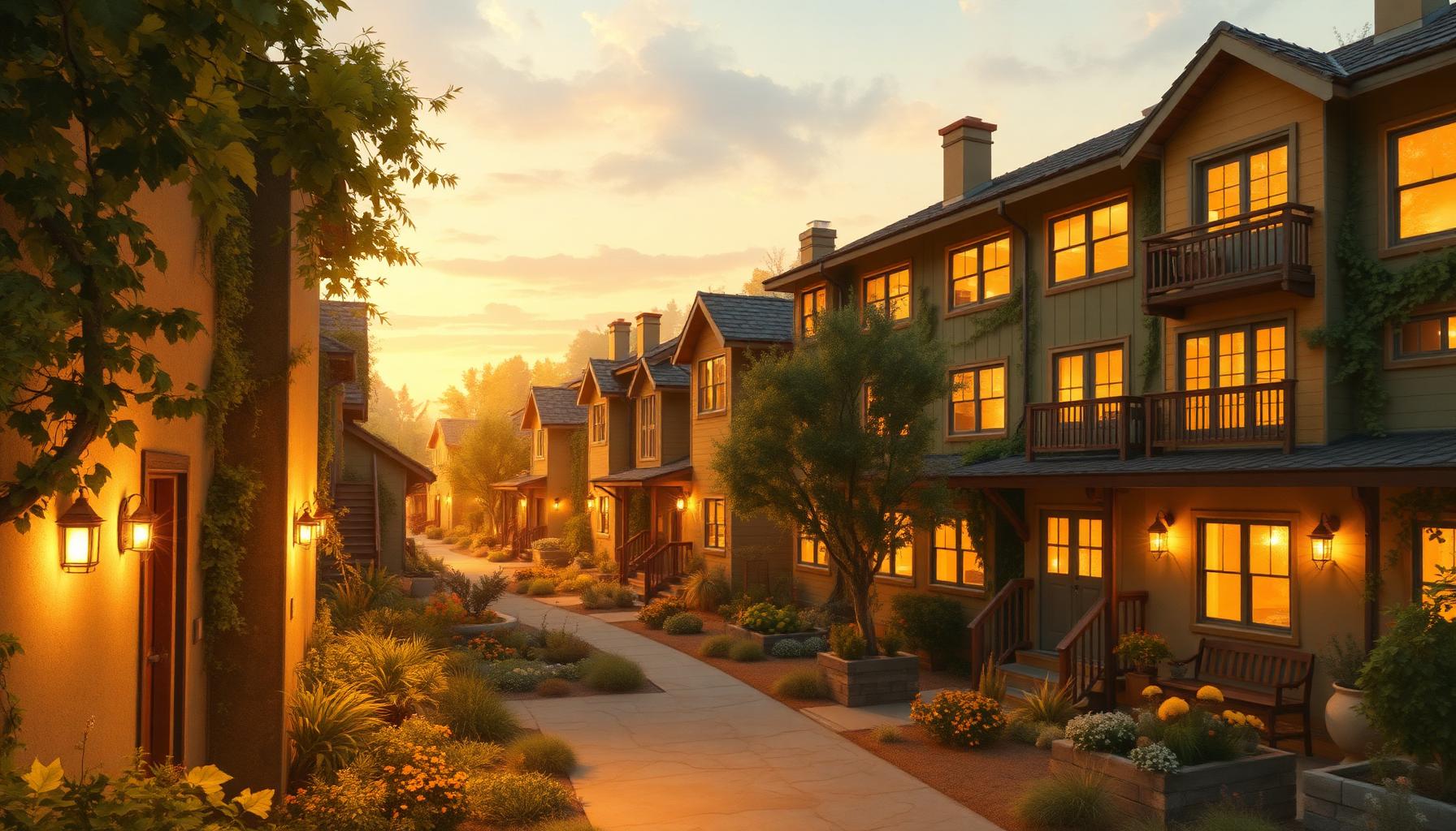 Painterly walkable village of passive-solar homes glowing warmly at dusk, with abundant gardens between dwellings.