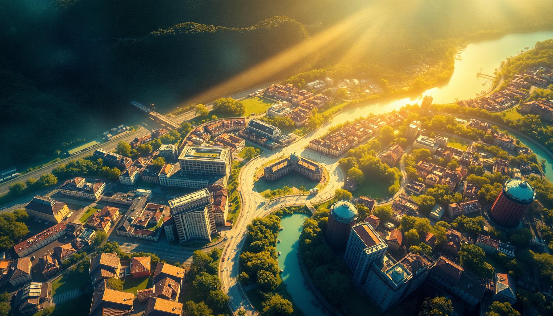 Painterly aerial vista of an integrated harmonious city woven into landscape with solar rooftops, food forests, and a restored river.