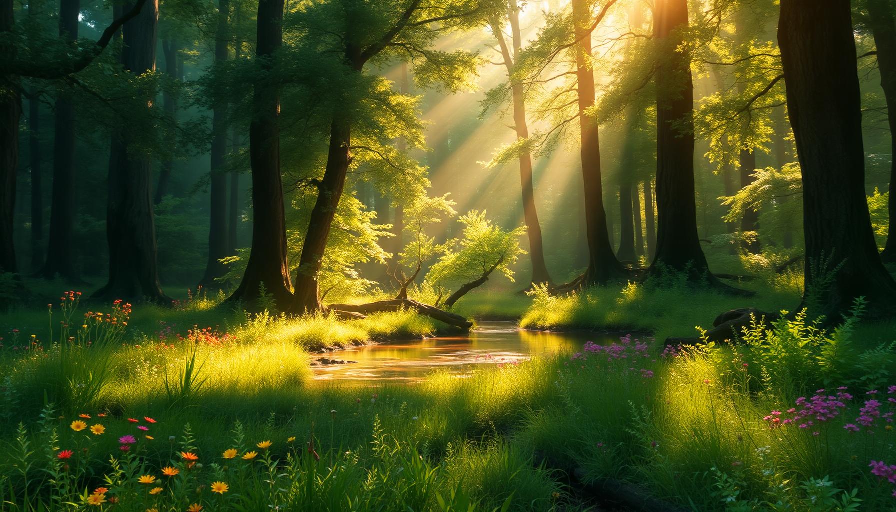 Painterly ancient forest with restored beaver wetland, pollinator meadow in bloom, and cathedral light through trees.