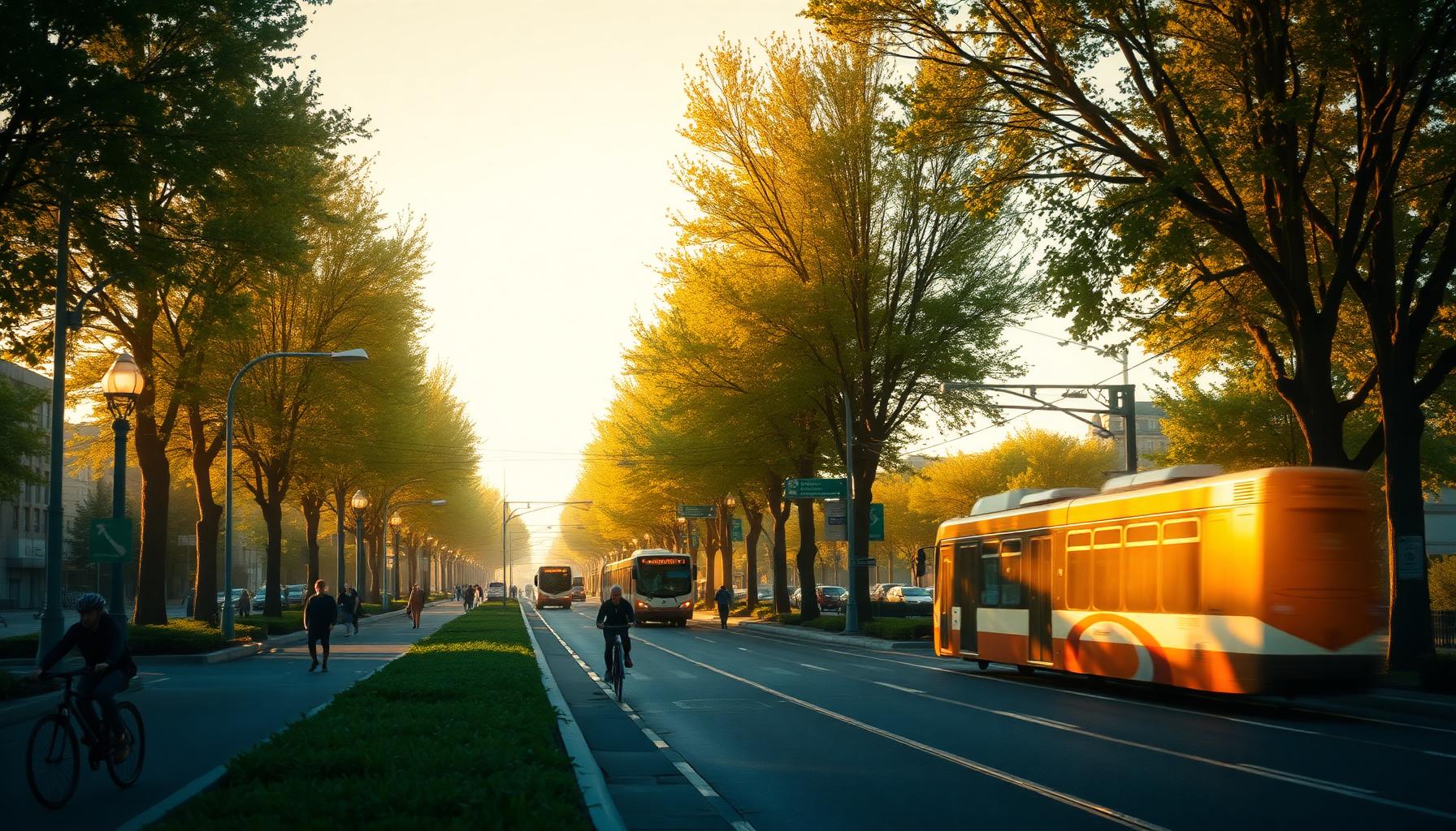 Painterly tree-lined boulevard with cyclists, walkers, a light-rail tram, and green infrastructure at golden hour.