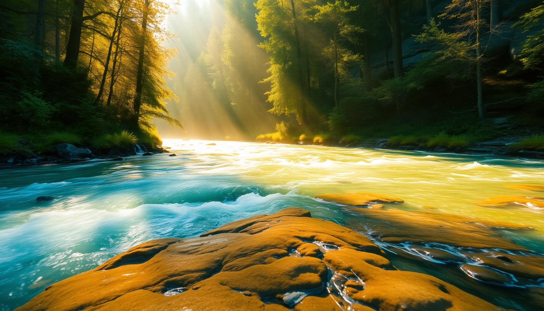 Painterly clear mountain river flowing through restored watershed with dappled forest light.