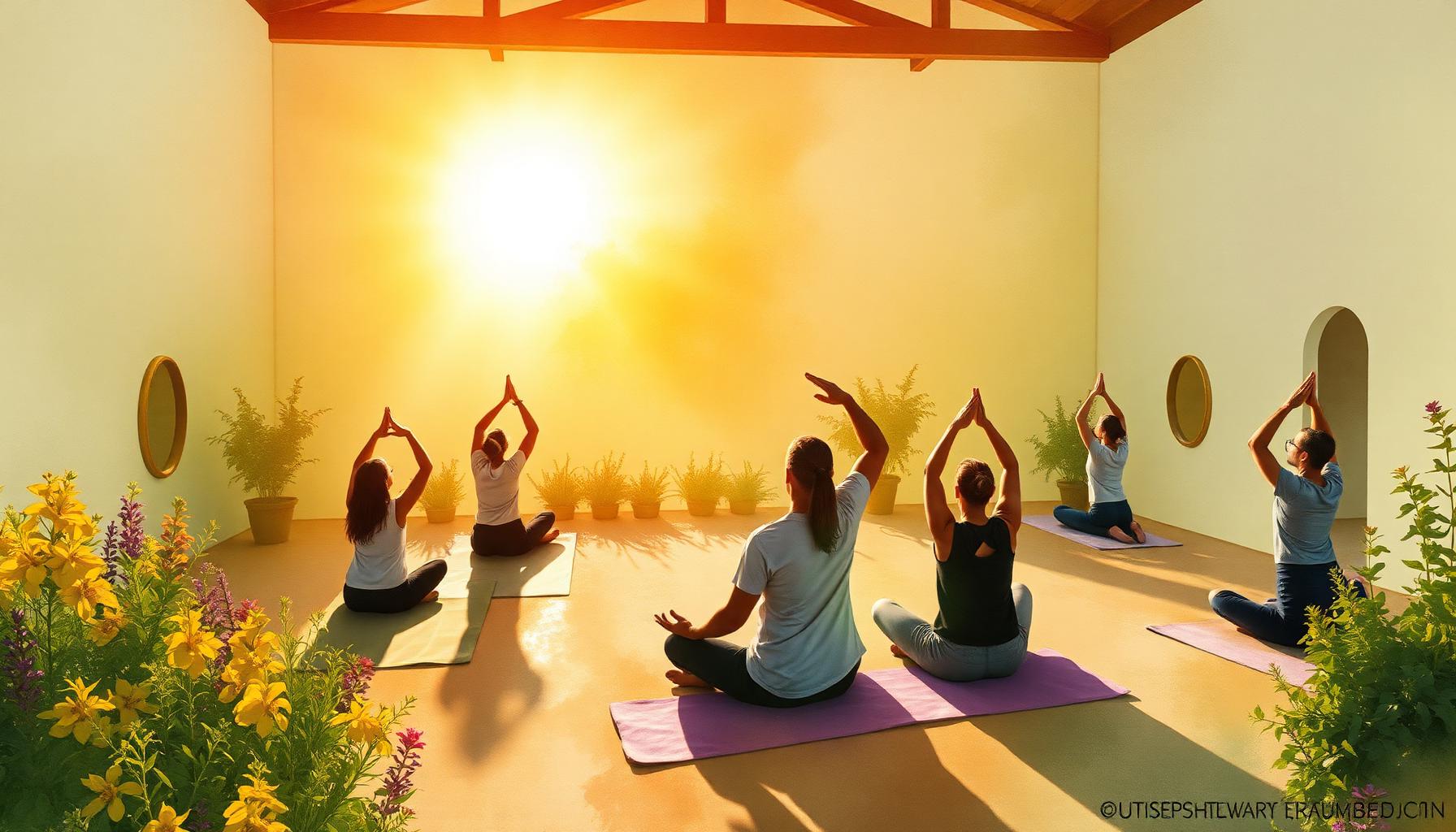 Painterly view of a sunlit movement studio with people stretching, herbal gardens, and warm dawn light pouring in.